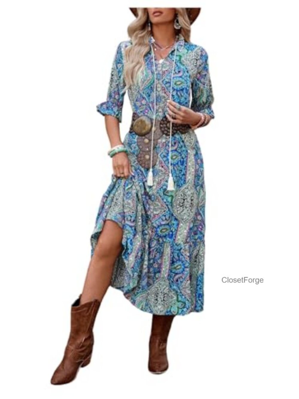 Women's Boho Paisley Maxi Dress 3/4 Sleeve Wrap Tie Neck Festival Outfit